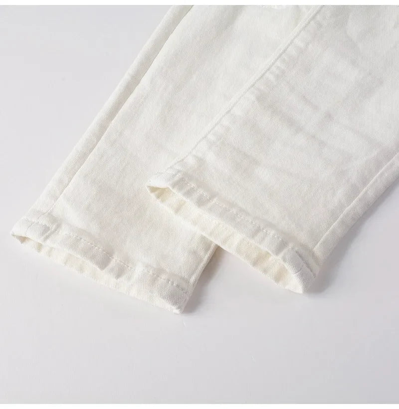 Men's White Stretch Ripped Biker Jeans Slim Skinny Pleated Patchwork Denim Pants