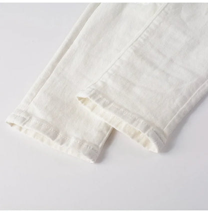Men's White Stretch Ripped Biker Jeans Slim Skinny Pleated Patchwork Denim Pants