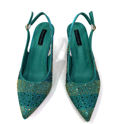 High Heels Shoes for Women Embroidery Rhinestone Italian Design Gold Color Pointed Toe Shoes and Bags Set Fashio