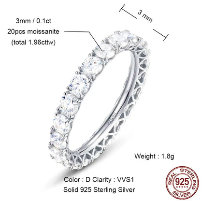 2mm Full Eternity Moissanite Ring 925 Sterling Silver D Color VVS1 Stackable Wedding Band For Women Fine Jewelry