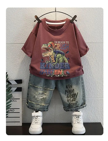 Korean Baby Boys Summer Sets Children's Clothing Short-Sleeved Letter T-Shirt & Denim Shorts Kids Boys Outfits Clothes 2-11Y