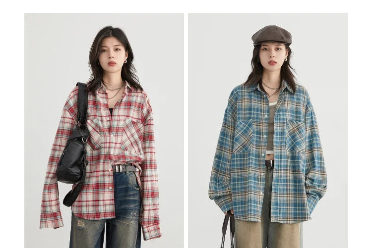 Women's Cotton Shirt Single Breasted Loose New Retro Color Blocked Grid Female Blouses Autumn Spring 2026