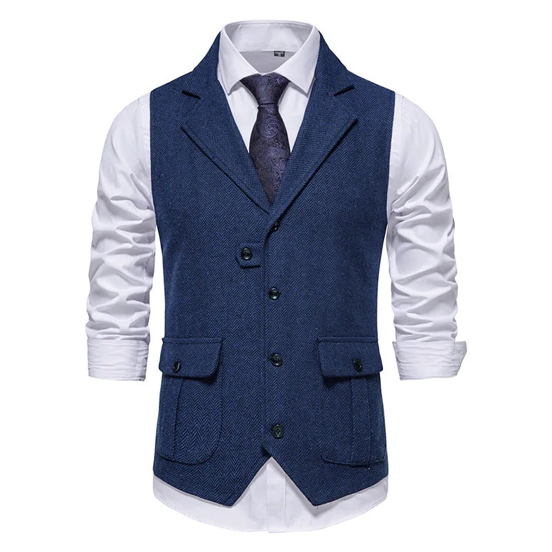 Tailored Collar Vest for Men Single Breasted Herringbone Tweed Suit Vest Mens Formal Striped Waistcoat Punk Groomsmen Wedding