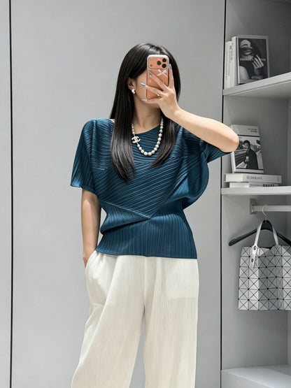 Vibrant Cyan Blue Miyake Pleated Asymmetric Short Sleeve Top, Irregular Hem Women's Casual All Match Modern Stylish Blouse