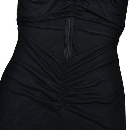 New Ruched Irregular Mesh Dress Women Patchwork High Neck Short Sleeve Hollow Out Long Dresses Female Party Maxi Dresses Outfits