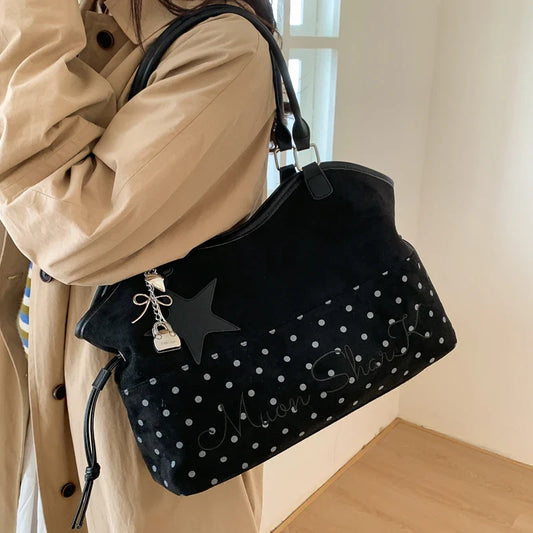 Vintage Frosted Tote Bag Casual Students Purse Large Capacity Shoulder Bag Polka Dot Drawstring Zipper Handbag With Star Pendant