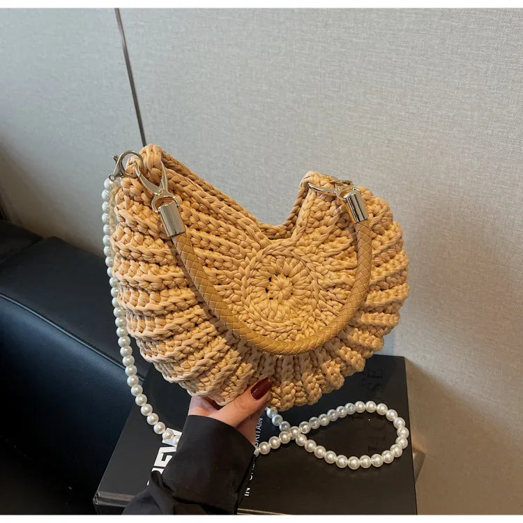 Fashion Conch Shaped Crochet Women Shoulde Bags Funny Cute Pearls Chains Handmade Weave Crossbody Bag Novelty Small Handbags