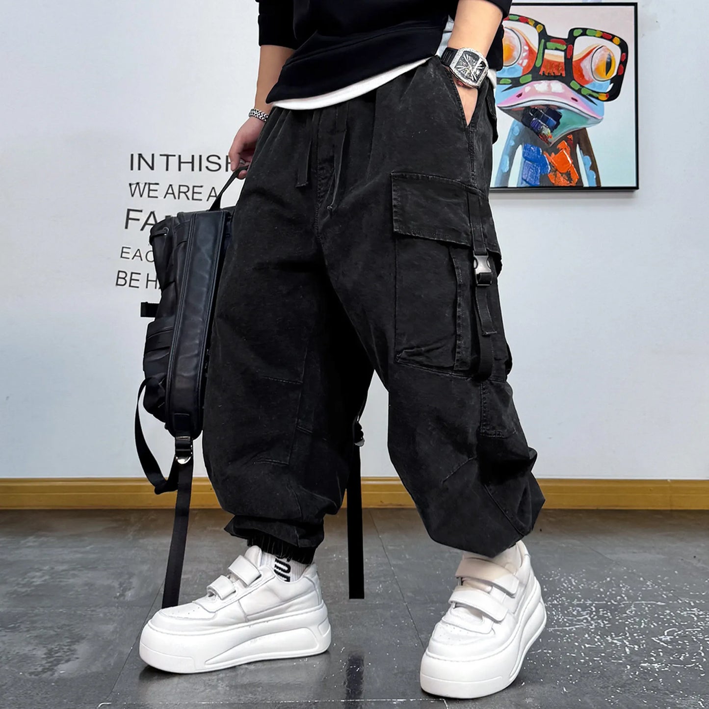 American Vintage Cargo Joggers Mens Washed Distressed Multi Pocket Pants Oversized Loose Fit Streetwear Hip Hop Plus Size Trendy