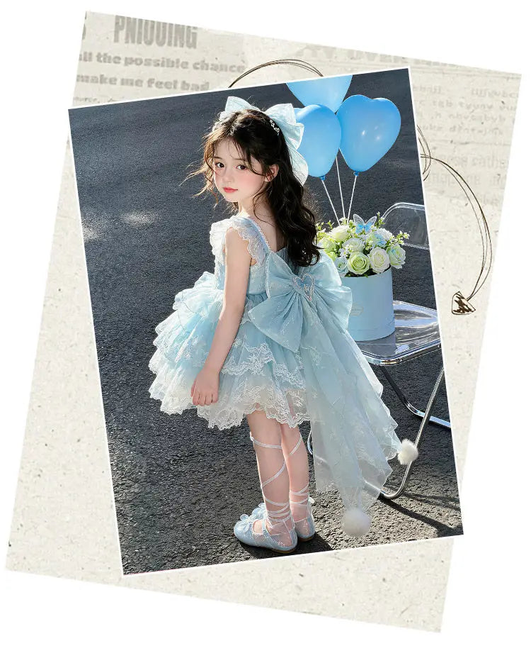 Baby Girls Sweet Sleeveless Lolita Princess Dress New 2026 Summer Childrens Elegant Lace Trim Tulle Bow Train Performance Gown