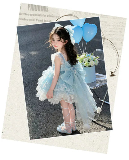 Baby Girls Sweet Sleeveless Lolita Princess Dress New 2026 Summer Childrens Elegant Lace Trim Tulle Bow Train Performance Gown