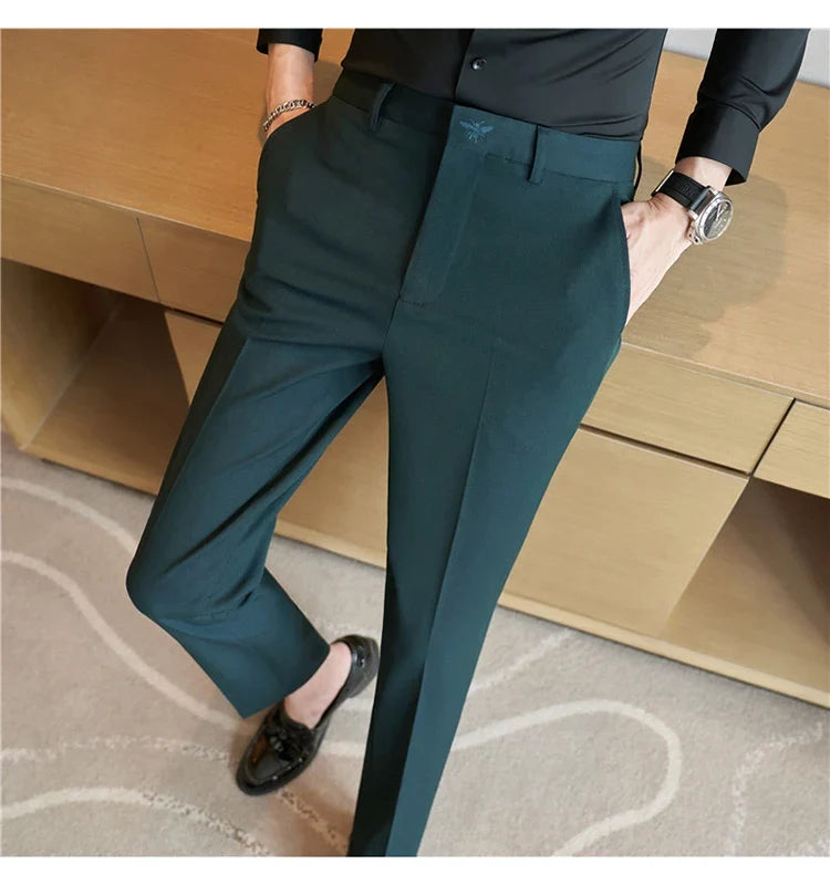 Autumn Mens Fashion Embroidered Trousers Korean Business Dress Solid Suit Pant Formal Office Social Slim Fit Casual Suit Pants