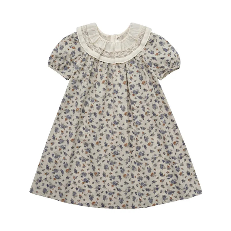 Summer LOU Girls' Printed Cotton Dress Short-Sleeved Handmade Embroidered Wide-Necked Children's Holiday Dress