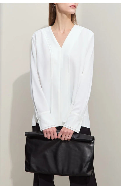 Autumn New Elegant Blouses Women 2025 V-neck Solid Long Sleeve Shirts Female Fashion Office Lady Straight Clothing 12521087
