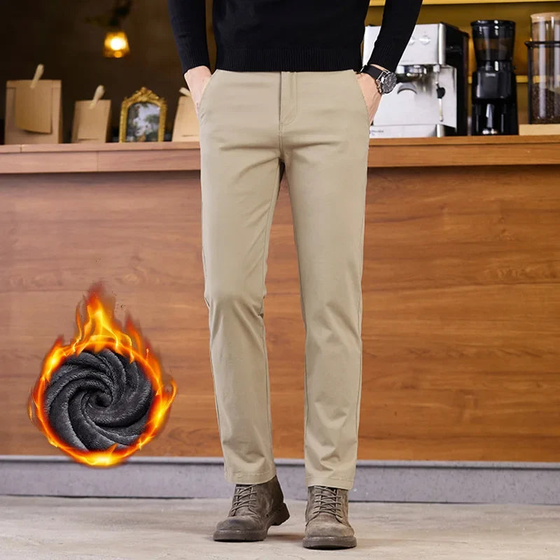 2025 Winter Fleece Pants Men's Pocket Fashion Thickened Cotton Stretch Comfort Plush Straight Business Pants Male