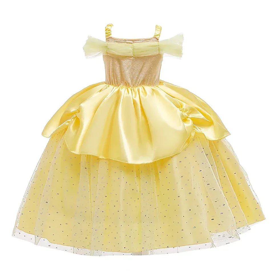 Girls Belle Cosplay Costumes Girls Dresses for Beauty Kids Party Clothing Magic Stick Crown Children Yellow Dress and The Beast