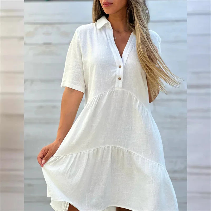 Women Cotton Linen Solid Color Dresses Lapel Button Patchwork Dress Summer Casual Commuter High Waist Short Sleeves Female Gown