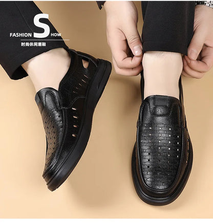 Spring Summer New Hallow Breathable Loafers for Men Fashion Casual Leather Shoes Male Solid Color Soft Sole Designer Shoes Man