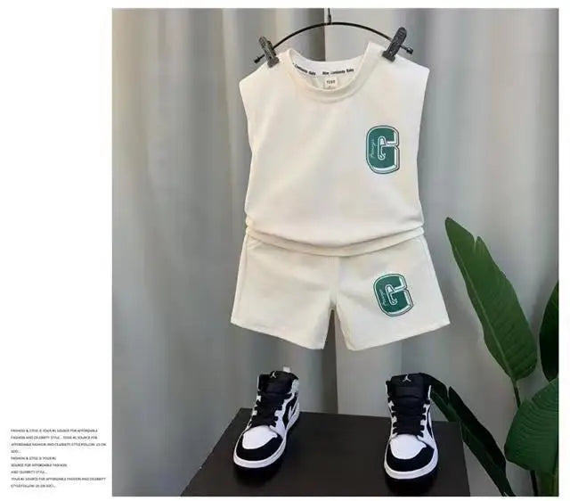 Summer Children Boys 2PCS Clothes Set Cotton Letter Bear Sleeveless Tops Tee Suit Thin Cool Sporty Shorts Kid Babys Boys Outfits