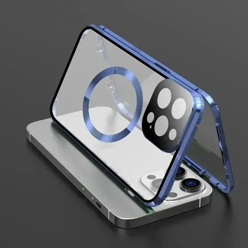 Metal Magnetic Case For Magsafe iPhone 17 Pro Max 16 15 14 13 12 Pro Max Plus Lens Protection Double Sided Glass Snap Lock Cover