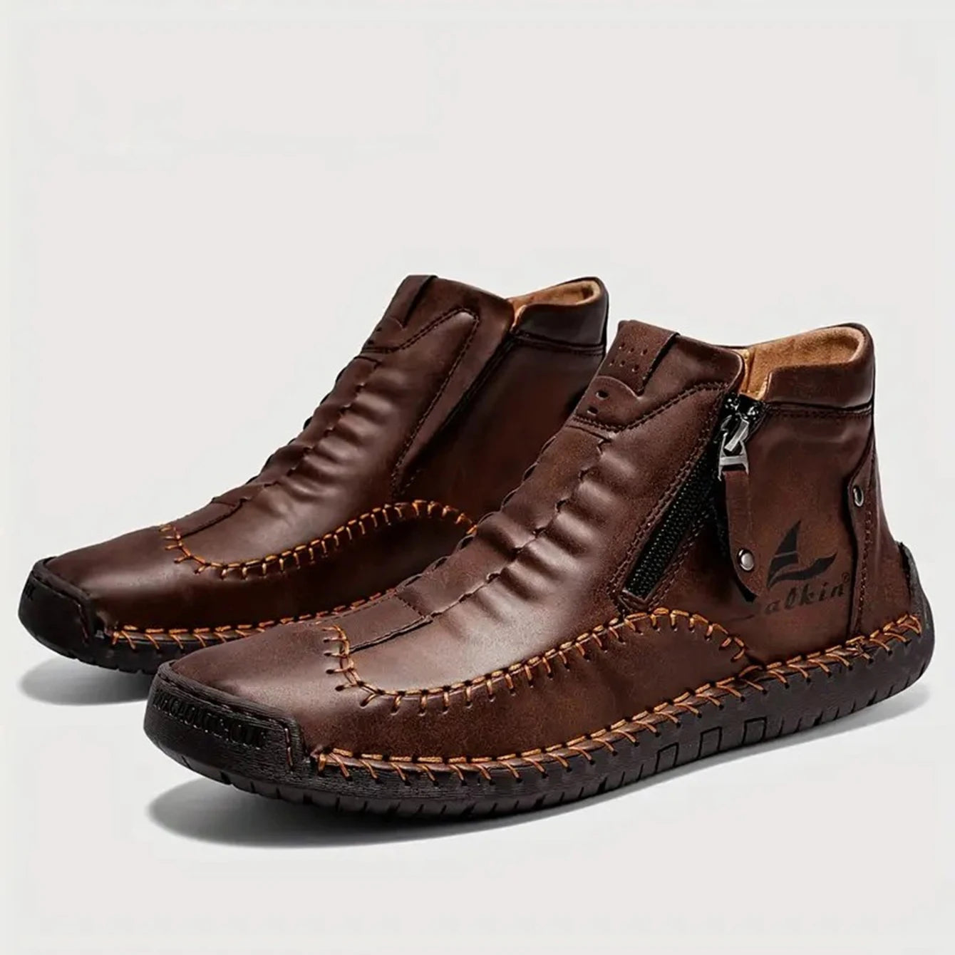 Men's Hand-Sewn High-Top Boots, Fashionable Side-Zip Casual Shoes, All-Season Outdoor Boots, Large Size Men's Shoes, Comfortable Bare Boots