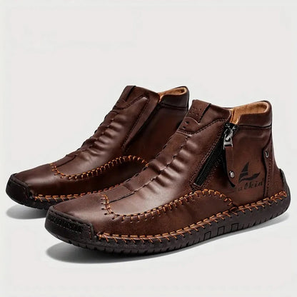 Men's Hand-Sewn High-Top Boots, Fashionable Side-Zip Casual Shoes, All-Season Outdoor Boots, Large Size Men's Shoes, Comfortable Bare Boots