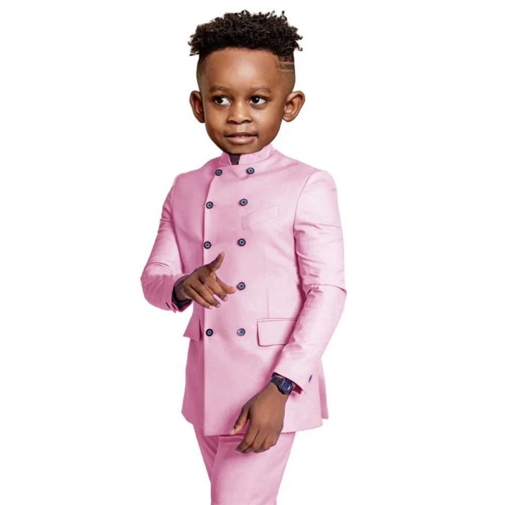 Stylish Elegant Boys Stand-up Collar Suits 2 Pieces Jacket Pants Formal Party Wear Double Breasted Kids Suit Set 2-20T