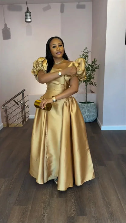 Elegant Dress for Women's Puff Sleeve Square Collar Gold Solid Pleated A-line Evening Party Cocktail Maxi Dresses