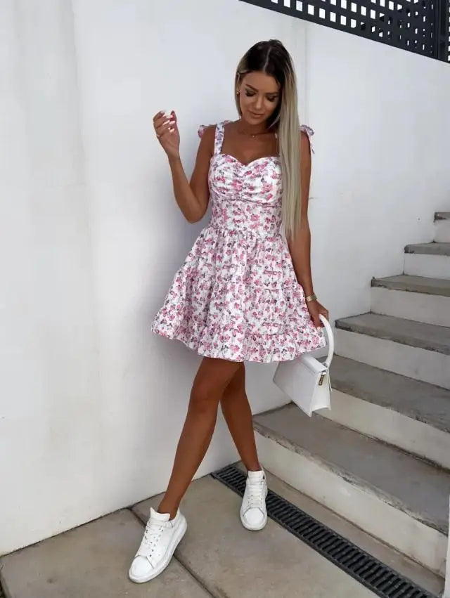 Summer Fashion Flower Print Waist Pleated Dress For Women Y2k Casual Vacation Beach Sundress Spaghetti Strap Mini Dress Female