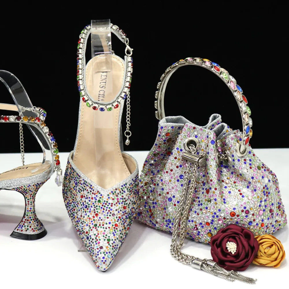 2023 Italian Design Luxury Women's Shoes And Bag Set, Full Diamond Decoration Metal Closure Bag