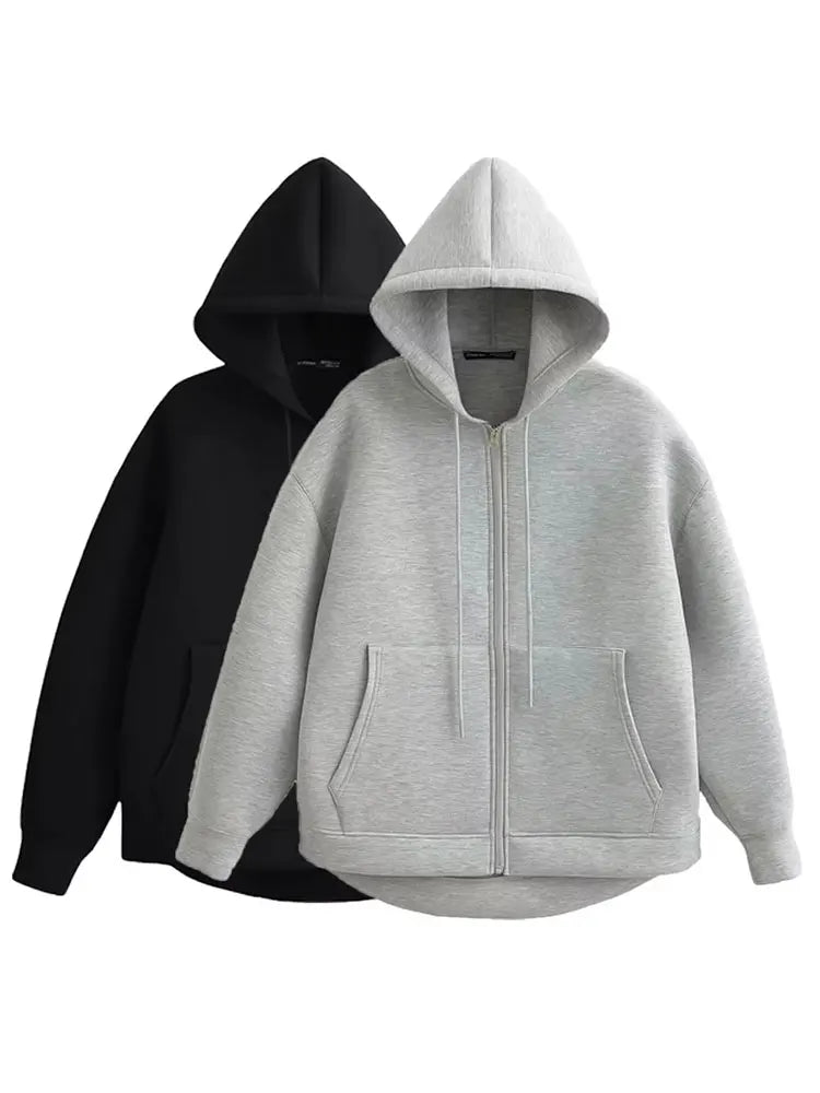 Autumn Women Casual Hooded Jacket Loose Oversize Zipper Hoodie Sweatshirts Solid Coat Office Lady Chic Outwear Tops
