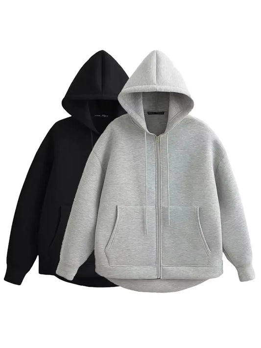 Autumn Women Casual Hooded Jacket Loose Oversize Zipper Hoodie Sweatshirts Solid Coat Office Lady Chic Outwear Tops