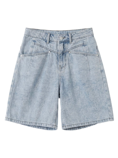 Fashion Women Shorts Mid-length Blue New Dividing Line Design Retro Washed Cotton Straight Leg Short Jeans Summer 2026