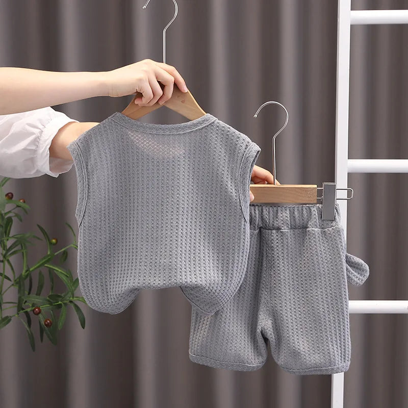 Korean Children Summer Sets Girl Boy Sleeveless Vest Shorts Suit Child Clothing Fashion Outfits Kids Costume
