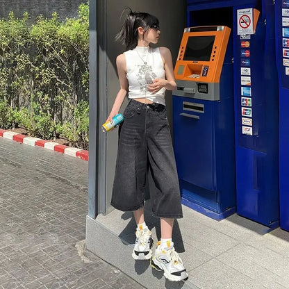 Summer American Style Vintage Women Baggy Jeans Y2k Loose Washed High Waist Knee Length Denim Pants Streetwear Wide Leg Shorts