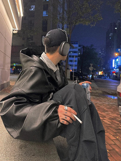 Spring Autumn Short Oversized Black Soft Pu Leather Jacket Men with Hood Zipper Loose Casual Korean Fashion Clothes