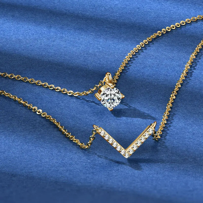 Certified Moissanite V-shape Pendant Double Necklaces Chains for Women S925 Sterling Silver Fine Jewelry Gifts Collares