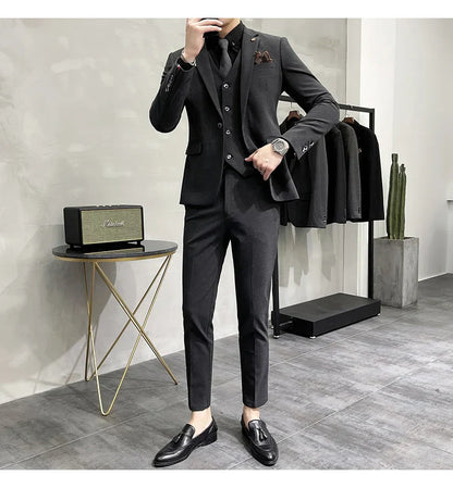 Blazer Vest Pants Men's Navy Blue Suit Set Slim Fit Blazer Vest Pants Formal Outfit for Business Wedding Office Groom Party