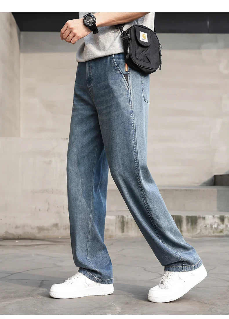 Thin Light Men's Summer Jeans Straight Fit Lyocell Denim Pants Male Elastic Elegant Casual New Style Stretch Relaxed Fit Telaxed