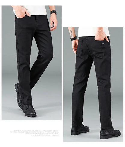 Men's Pure Black Slim Jeans Elastic Straight Pants Business Fashion Leisure Korean Vintage Skinny Small Feet Denim Pants Male