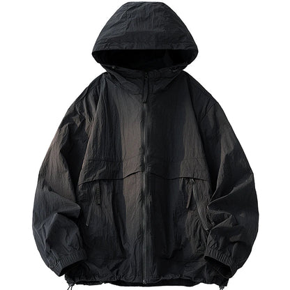 UPF50+ Men's Hooded Sunscreen Jacket Summer Ultra Thin Zipper Pocket Windbreaker Elastic Cuffs Outdoor Hiking Fishing Skin Coats