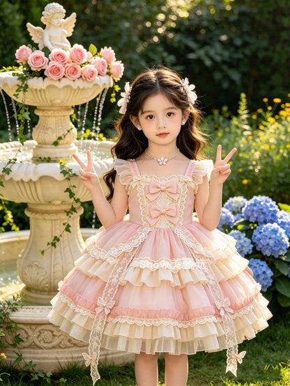 2026 New Summer Baby Girls Princess Lolita Dress Kids Sweet Pink Lace Bow Sleeveless Flower Girl Cake Dress Birthday Party Gown