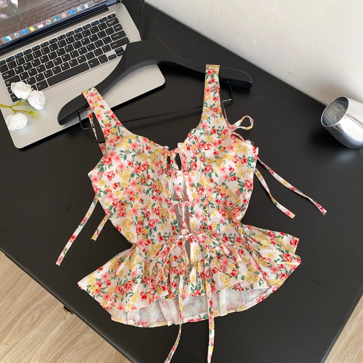 Summer Hotsweet Floral Camis 2026 Female High Waist Slim Lace Up Corset Tops Korean Versatile Casual Holiday Tank Top
