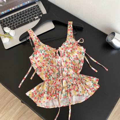 Summer Hotsweet Floral Camis 2026 Female High Waist Slim Lace Up Corset Tops Korean Versatile Casual Holiday Tank Top