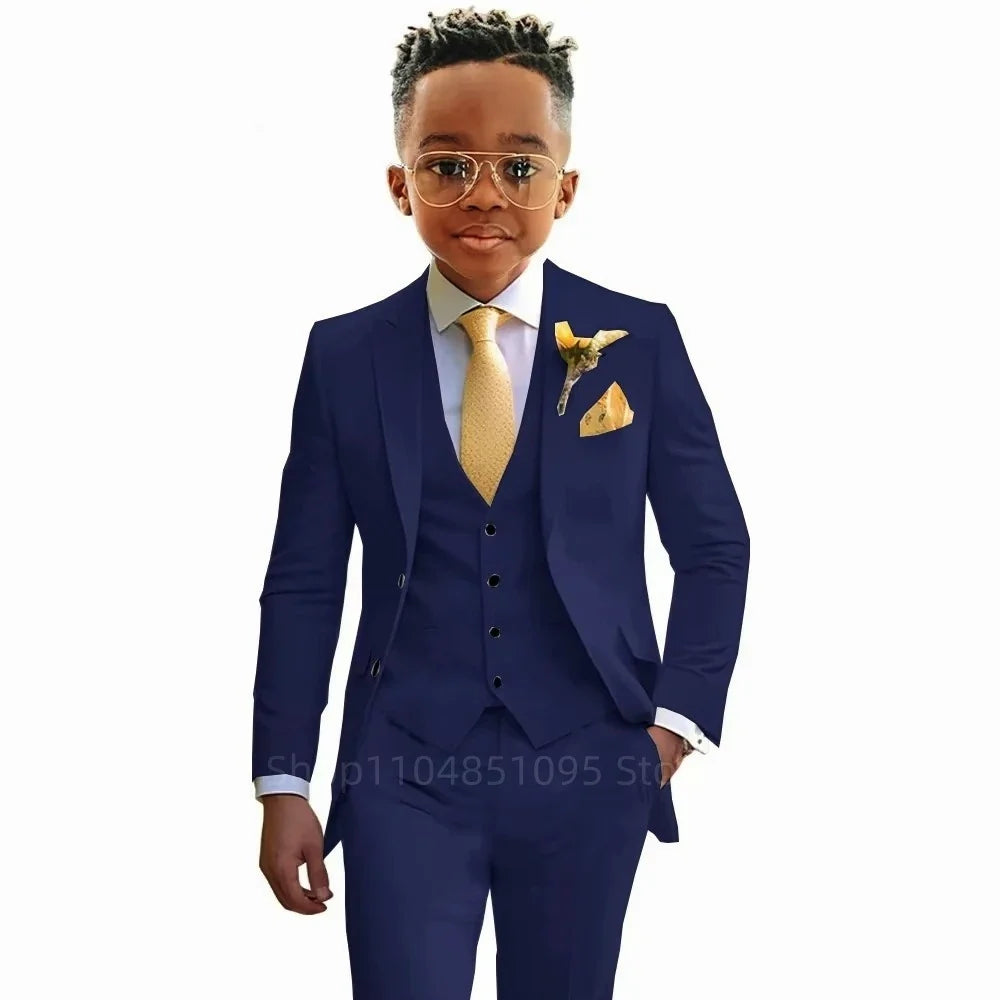 Stylish Boys Suit Wedding Tuxedo Solid Peak Lapel Jacket Vest Pants Party Prom 3 Piece Set Kids Formal Outfit 2-18 Years Old