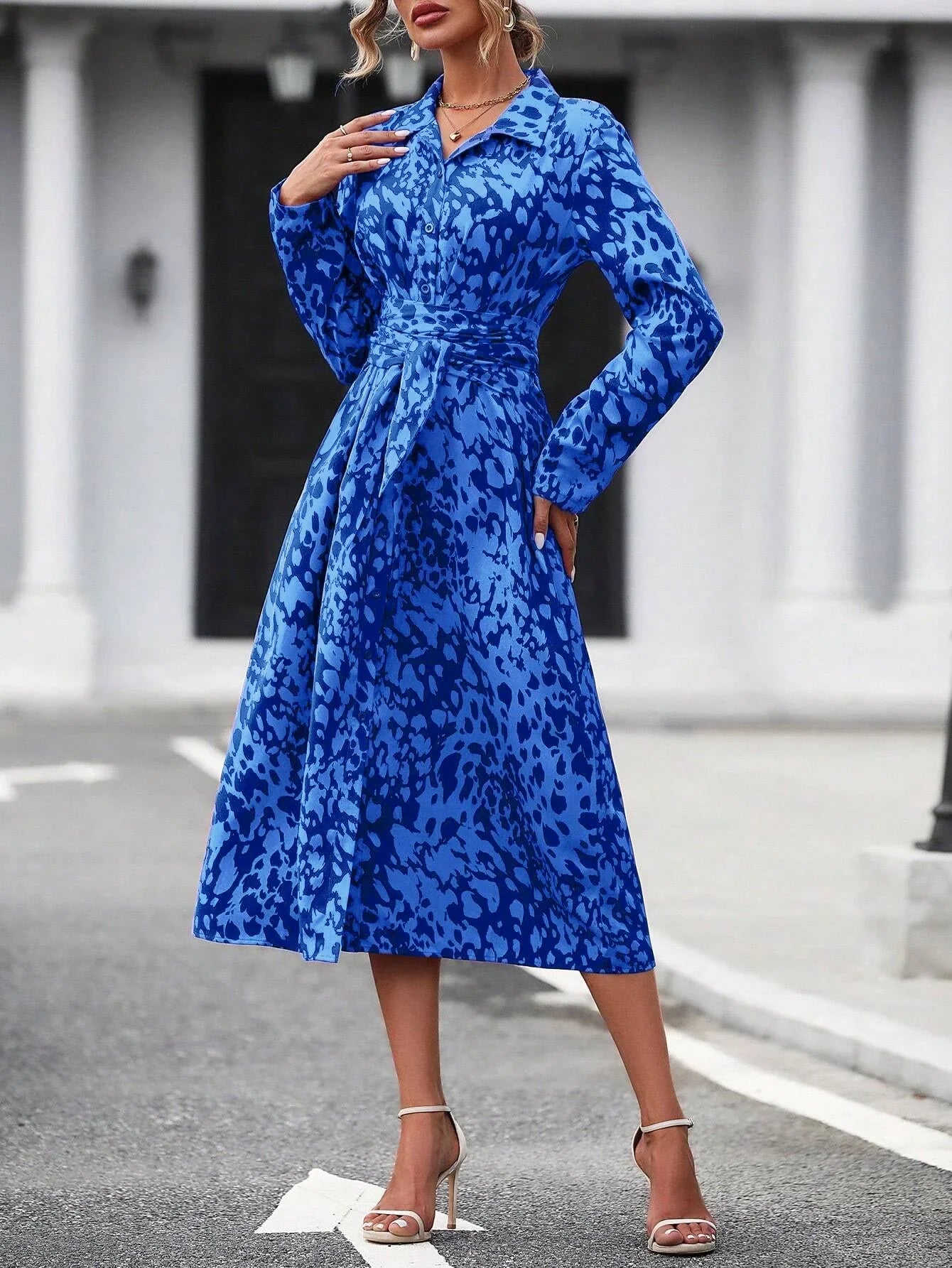 Elegant Random Print Button Down Shirt Dress Women's Long Sleeve Belted Waist Midi Dress Spring Fall Office Casual Dress