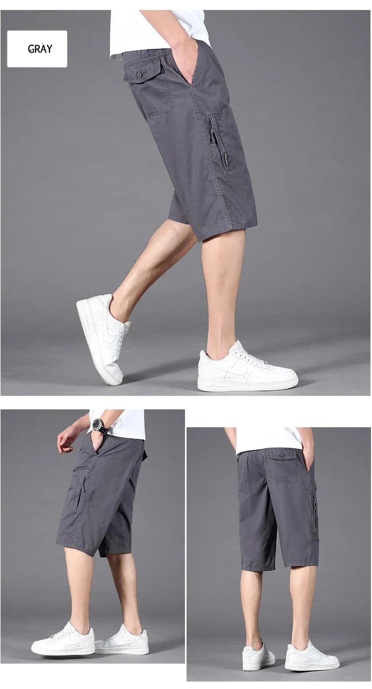 Men Cargo Shorts Zipper Pocket Loose Casual Big Size Shorts Big and Tall Cotton Knee Shorts