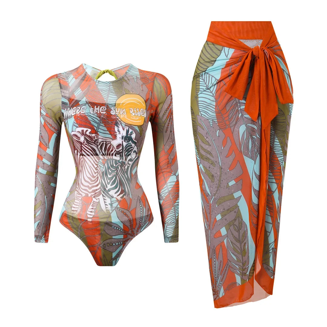 S - XXL Printed Long Sleeve With Sarong One Piece Swimsuit Women Swimwear Female Flowers Padded Bather Bathing Suit Swim V7181