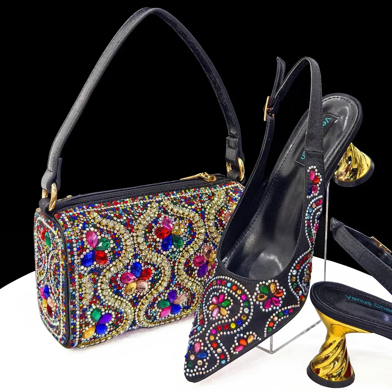 2024 Elegant Rhinestone Pointed-Toe Pumps With Matching Bag Set Large Capacity Bag for Women's Party High Heels