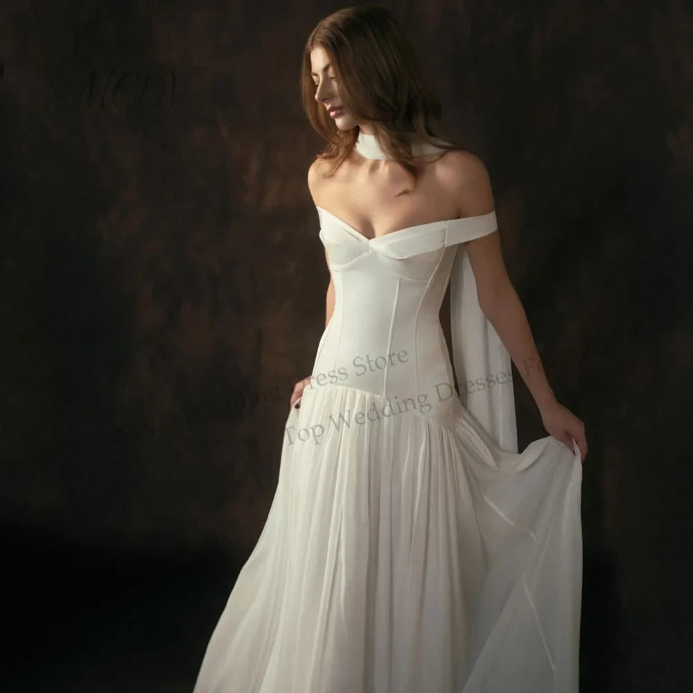 Off The Shoulder Chiffon A Line Wedding Dress Pleated Corset Back Bride Gowns Strapless vestido de casamento noiva civil 2026