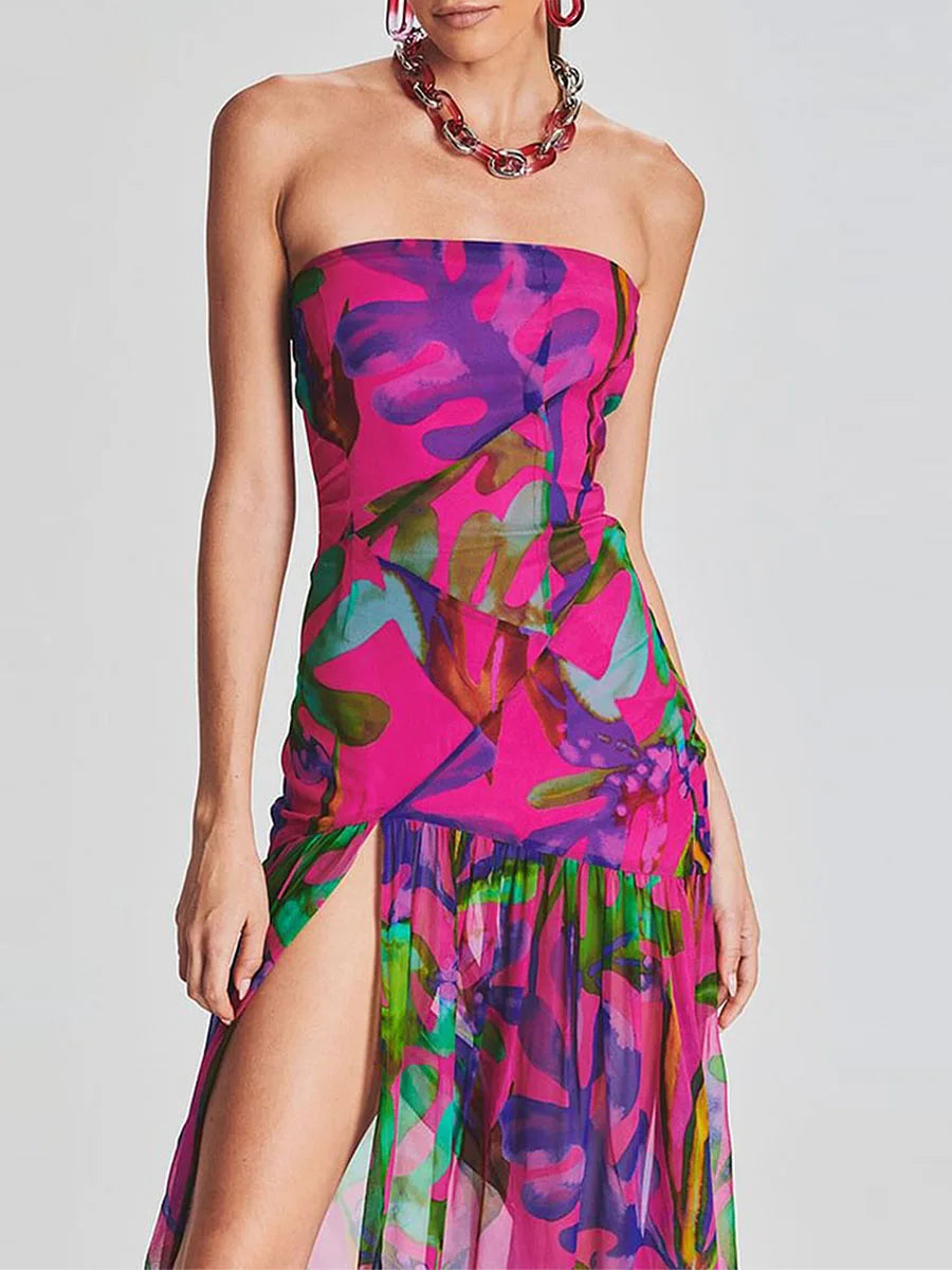 Women Tube Top Dress Slim Strapless Backless Mesh Patchwork Tropical Print High Slit Long Dress for Party Club Night